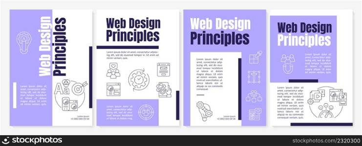 Principles of web design purple brochure template. Graphic artist work. Leaflet design with linear icons. 4 vector layouts for presentation, annual reports. Anton, Lato-Regular fonts used. Principles of web design purple brochure template