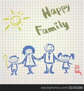 Print. A happy family. Vector illustration in a children&rsquo;s style on the notebook sheet, hand drawing. Print