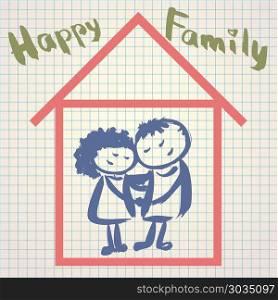 Print. A happy family. Vector illustration in a children&rsquo;s style on the notebook sheet, hand drawing. Print