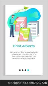 Print advert, man holding card, ad best offer, newspaper and booklet, business promotion, sheet and flyer, magazine decoration, publication vector. Website or app slider, landing page flat style. Poster Best Offer, Newspaper and Ad, Advert Vector
