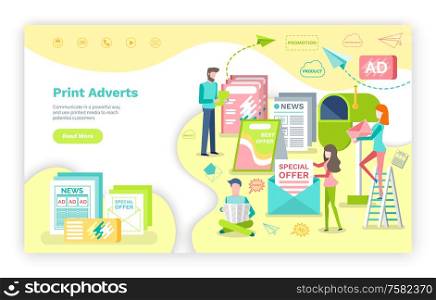 Print advertising vector, marketing on newspaper. Website or webpage template, landing page flat style. people with letter and envelopes special offer. Print Advertising, Published Information on Paper