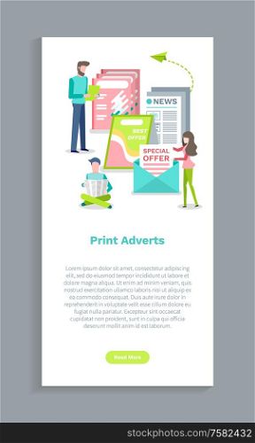 Print adverts website, people reading papers with news. Screen of web page with publication, man and woman holding newspaper, special offer magazine vector. Print Adverts Website, People and Newspaper Vector