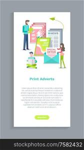 Print adverts website, people reading papers with news. Screen of web page with publication, man and woman holding newspaper, special offer magazine vector. Print Adverts Website, People and Newspaper Vector