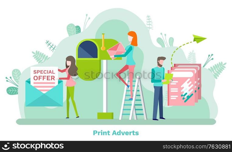 Print adverts, woman holding promotion letter of special offer, man with paper. Post box and cover, people characters on stairs with newsletter or document. Vector illustration in flat cartoon style. Letter and Post Box, Special Offer, Advert Vector