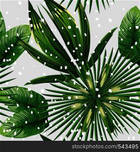 Print exotic jungle plant tropical palm leaves. Pattern, seamless floral vector on the snow christmas background. Nature xmas wallpaper.