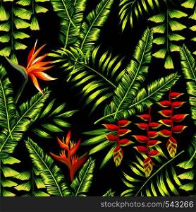 Print exotic tropic plants and palm trees, banana leaf with lobster claws flower, strelitzia on a black background. Seamless vector wallpaper pattern summer jungle art in trendy style of hand-drawing