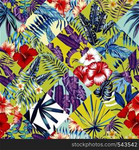 Print fashion tropic jungle seamless vector pattern patchwork in trendy blue style. Red and white flowers hibiscus and plumeria and plant leaf banana palm. Illustration floral poster