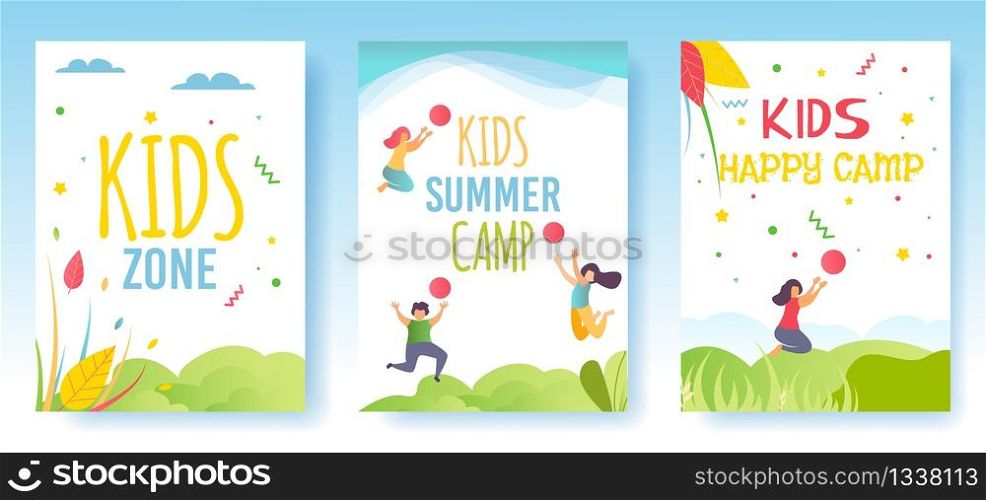 Print Flyer, Media Cards or Social Stories Set Advertising Kids Camp. Cartoon Happy Children Having Fun, Resting and Enjoying Summer Vacation on Nature. Mobile Page and Ad Cover. Flat Illustration. Print Flyer, Media Cards, Social Stories Set Camp
