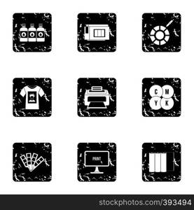 Print icons set. Grunge illustration of 9 print vector icons for web. Print icons set, grunge style