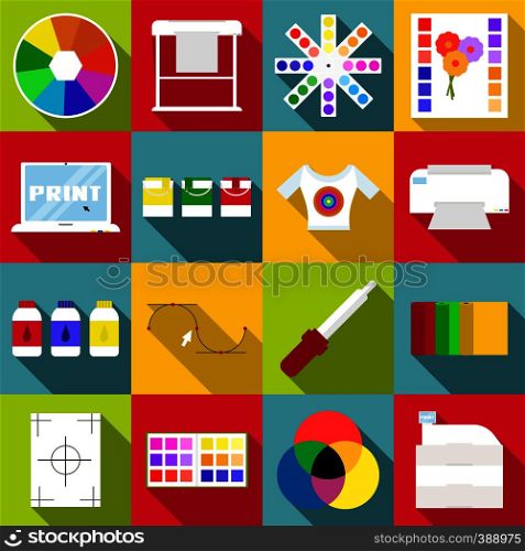 Print items icons set. Flat illustration of 16 print items vector icons for web. Print items icons set, flat style