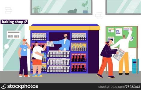 Print news sale flat composition with outdoor scenery and human characters purchasing magazines in newspaper stall vector illustration
