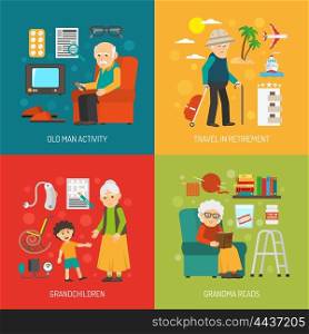 Print. Old people retirement life 4 flat icons square poster with grandchildren and travel abstract isolated vector illustration