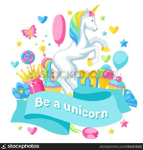 Print or card with unicorn and fantasy items. Print or card with unicorn and fantasy items.