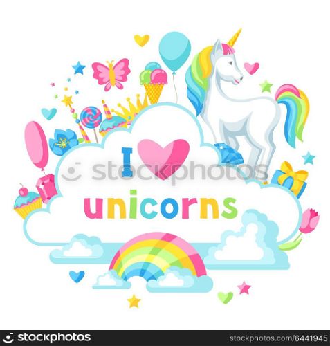 Print or card with unicorn and fantasy items. Print or card with unicorn and fantasy items.