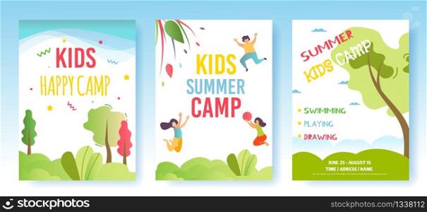 Print or Media Flyers Advertising Kids Summer Camp. Vertical Banner Set with Promotion Title and Text. Welcoming and Invitation Poster. Advertisement Date and Camping Program. Vector Flat Illustration. Print or Media Flyer Set Advertise Kid Summer Camp
