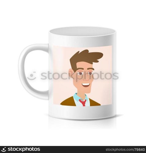 Print Photo On Cup Vector. Realistic Personalized Mug Mock Up Isolated Illustration. Custom Mug With Print Vector. Printed Face. Photo Mug Printing Template Isolated Illustration
