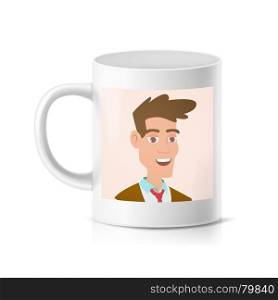Print Photo On Cup Vector. Realistic Personalized Mug Mock Up Isolated Illustration. Custom Mug With Print Vector. Printed Face. Photo Mug Printing Template Isolated Illustration