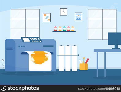 Print Shop Illustration with Production Process at Printing House and Machines for Operating big File Printers in Flat Style Cartoon