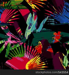 Print summer exotic jungle plant tropical palm leaves. Pattern, seamless paint vector on the black background. Nature wallpaper done with clipping mask