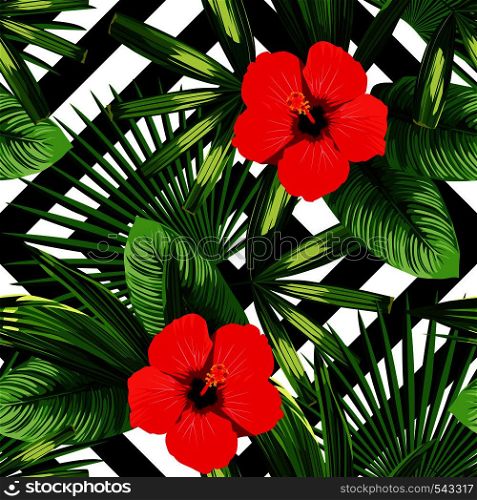 Print summer exotic jungle plant tropical palm leaves and flower red hibiscus. Pattern, seamless floral vector on the black white geometric background. Nature wallpaper.