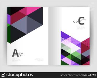 Print triangle modern print template. Modern business brochure or leaflet A4 cover template. Abstract background with color triangles, annual report print backdrop. Vector design for workflow layout, diagram, number options or web design