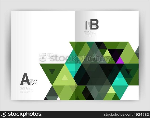 Print triangle modern print template. Modern business brochure or leaflet A4 cover template. Abstract background with color triangles, annual report print backdrop. Vector design for workflow layout, diagram, number options or web design