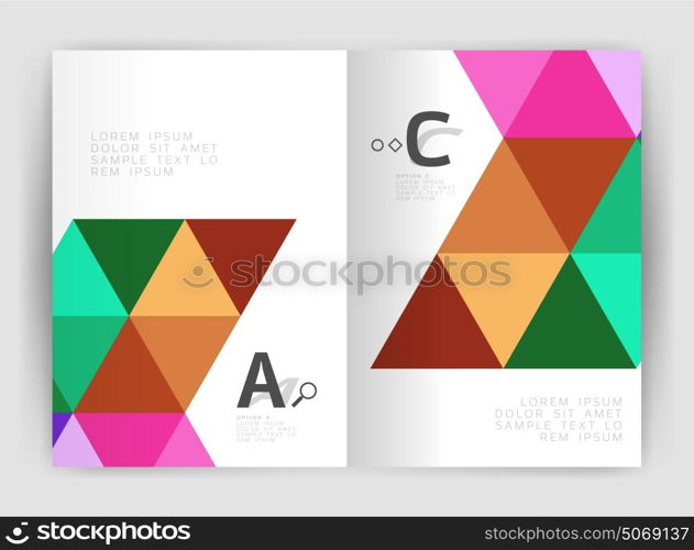 Print triangle modern print template. Modern business brochure or leaflet A4 cover template. Abstract background with color triangles, annual report print backdrop. Vector design for workflow layout, diagram, number options or web design