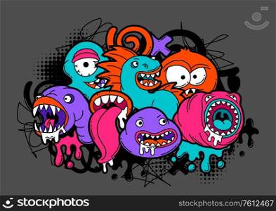 Print with cartoon monsters. Urban colorful teenage creative illustration. Evil creatures in modern comic style.. Print with cartoon monsters.