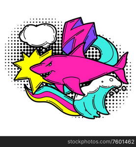 Print with cartoon shark. Urban colorful teenage creative illustration. Fashion symbol in modern comic style.. Print with cartoon shark. Urban colorful teenage creative illustration.