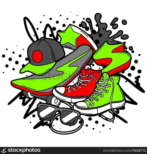 Print with cartoon sneakers, skateboard and baseball cap. Urban colorful teenage creative background. Fashion symbols in modern comic style.. Print with cartoon sneakers, skateboard and baseball cap.