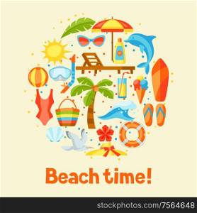 Print with summer and beach objects. Illustration of stylized items.. Print with summer and beach objects.