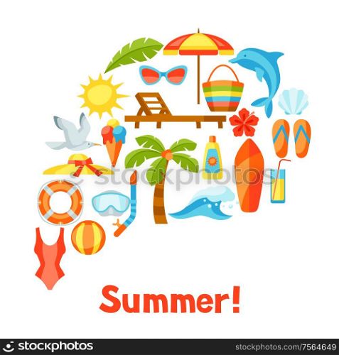 Print with summer and beach objects. Illustration of stylized items.. Print with summer and beach objects.