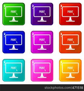 Print word on a computer monitor icons of 9 color set isolated vector illustration. Print word on a computer monitor icons 9 set