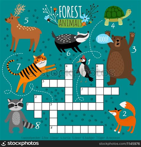 Printable animal crossword. Preschool puzzle quiz game, learning english kids brainteaser with forest animals, vector illustration. Printable animal crossword