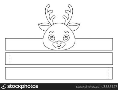 Printable deer paper crown. Fun accessory for entertainment. Diy cut party ribbon template for birthday, christmas, baby shower. Print, color, cut and glue. Vector stock illustration.