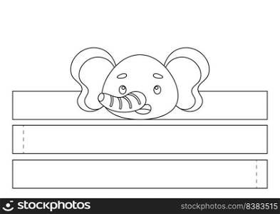 Printable elephant paper crown. Fun accessory for entertainment. Diy cut party ribbon template for birthday, christmas, baby shower. Print, color, cut and glue. Vector stock illustration.