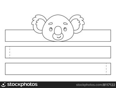 Printable koala paper crown. Fun accessory for entertainment. Diy cut party ribbon template for birthday, christmas, baby shower. Print, color, cut and glue. Vector stock illustration.