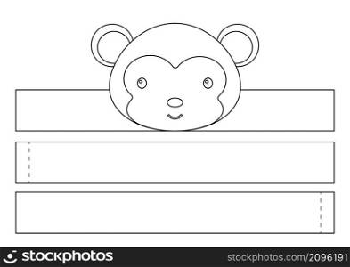 Printable monkey paper crown. Diy cut party ribbon template for birthday, christmas, baby shower. Fun accessory for entertainment. Print, color, cut and glue. Vector stock illustration.