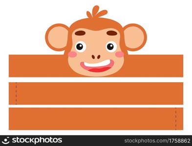 Printable monkey paper headband. Party crown die cut template for birthday, christmas, baby shower. Fun accessory for entertainment. Print, cut and glue. Vector stock illustration.