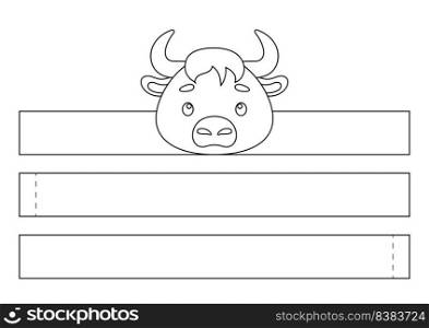 Printable musk ox paper crown. Fun accessory for entertainment. Diy cut party ribbon template for birthday, christmas, baby shower. Print, color, cut and glue. Vector stock illustration.