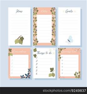 Printable notes set concept with green gooseberry plant illustration, vector
