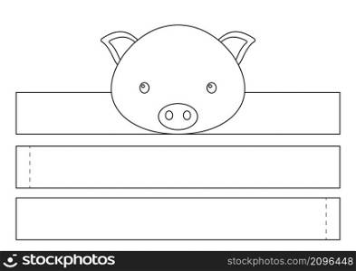 Printable pig paper crown. Diy cut party ribbon template for birthday, christmas, baby shower. Fun accessory for entertainment. Print, color, cut and glue. Vector stock illustration.
