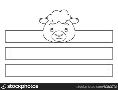 Printable sheep paper crown. Fun accessory for entertainment. Diy cut party ribbon template for birthday, christmas, baby shower. Print, color, cut and glue. Vector stock illustration.