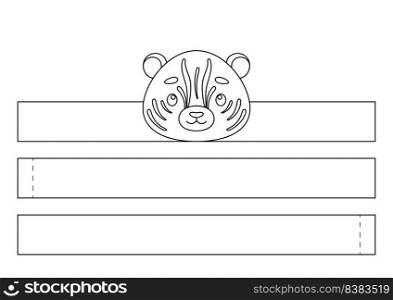 Printable tiger paper crown. Fun accessory for entertainment. Diy cut party ribbon template for birthday, christmas, baby shower. Print, color, cut and glue. Vector stock illustration.