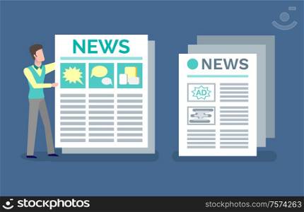 Printed publication with announcements and news vector. Man reading advertising and ads in newspaper, article with headline, paper with info columns. Newspaper Journal with Advertisements and News