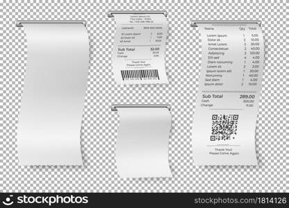 Printed sale receipt. Restaurant bill, isolated atm paper check. Blank cashier receipts mockup, shop or supermarket invoice vector template. Paper invoice, check recipe balance illustration. Printed sale receipt. Restaurant bill, isolated atm paper check. Blank cashier receipts mockup, shop or supermarket invoice vector template