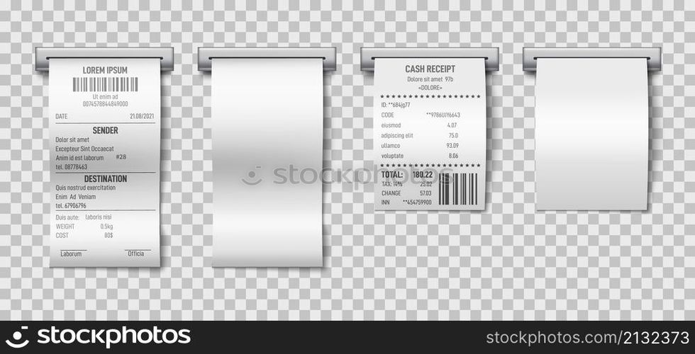 Printed sale receipt. Shopping receipts paper prints, supermarket bills. Isolated invoice mockup, printing in atm restaurant blank check exact vector. Check receipt paper, print finance illustration. Printed sale receipt. Shopping receipts paper prints, supermarket bills. Isolated invoice mockup, printing in atm restaurant blank check exact vector template