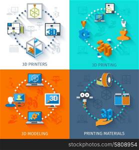 Printer 3d design concept set with printing materials icons isolated vector illustration. Printer 3d Set