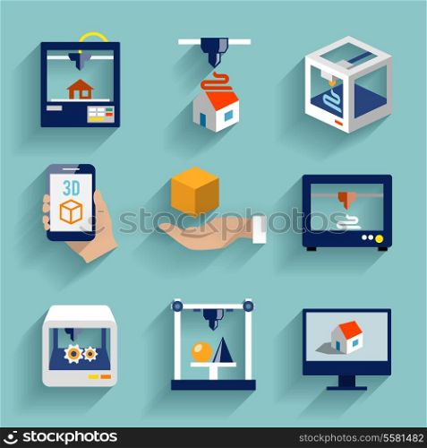Printer 3d flat icons set of modern architecture futuristic building process isolated vector illustration