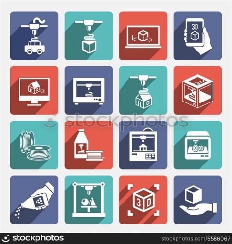 Printer 3d graphic manufacturing machine long shadow icons set isolated vector illustration